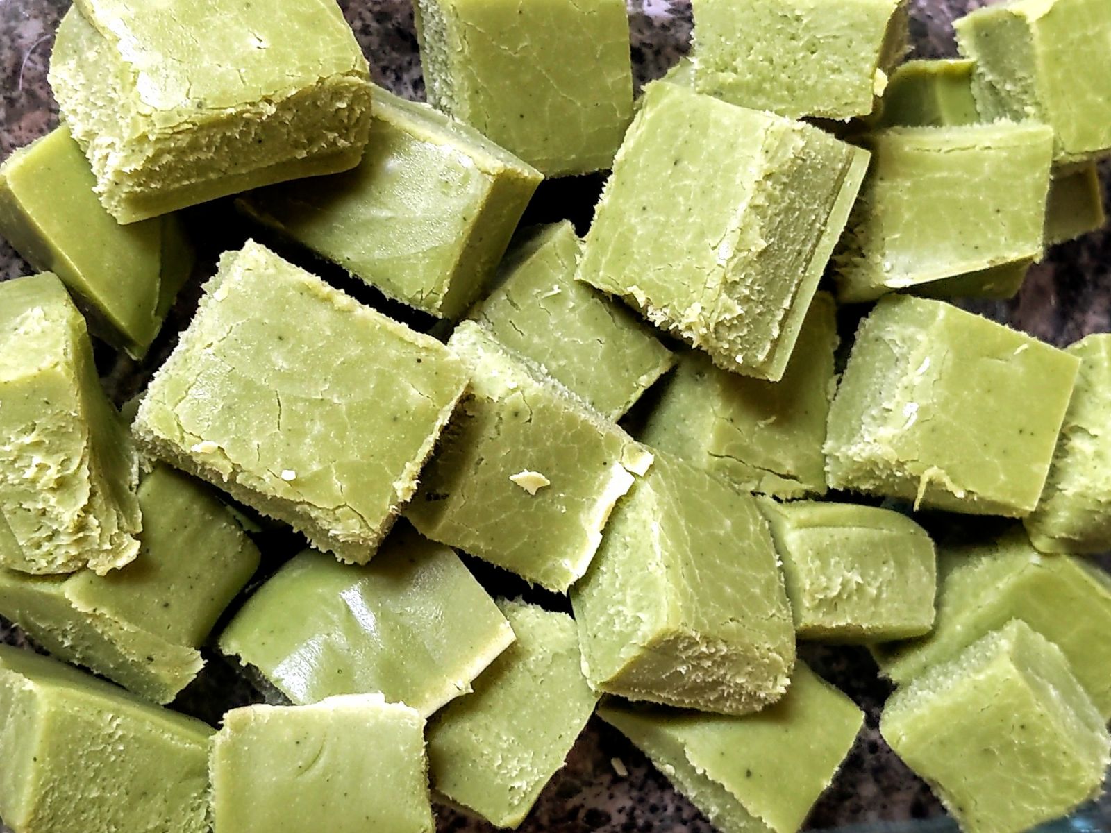 Matcha Truffles cut into bite size 1 inch pieces