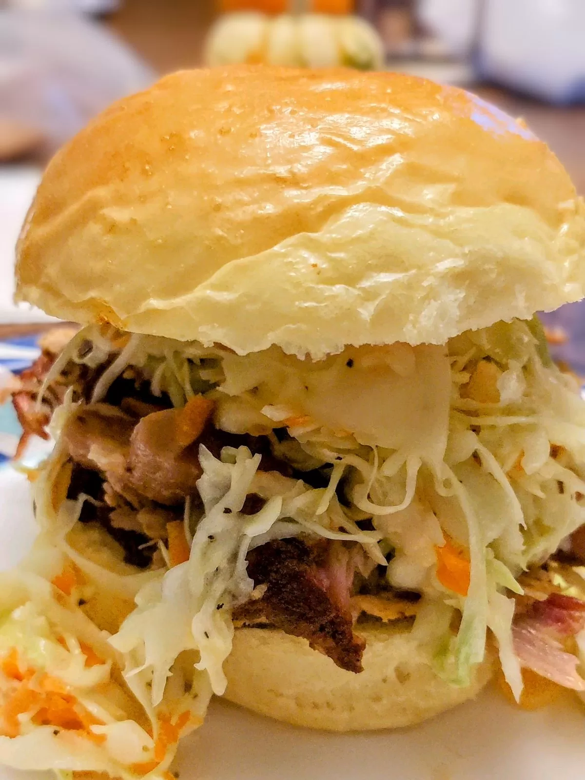 pulled pork and slaw on a homemade hamburger bun