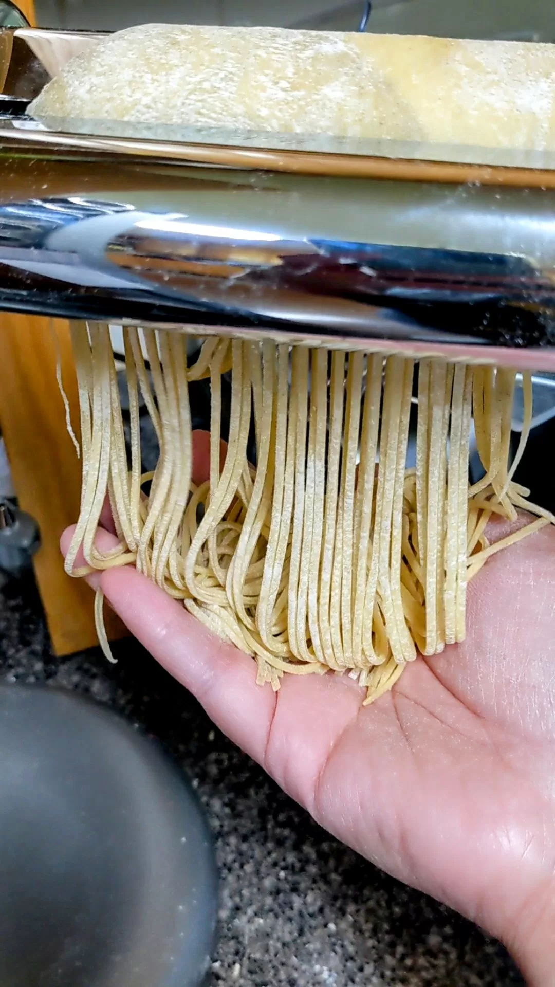 homemade egg pasta being cut
